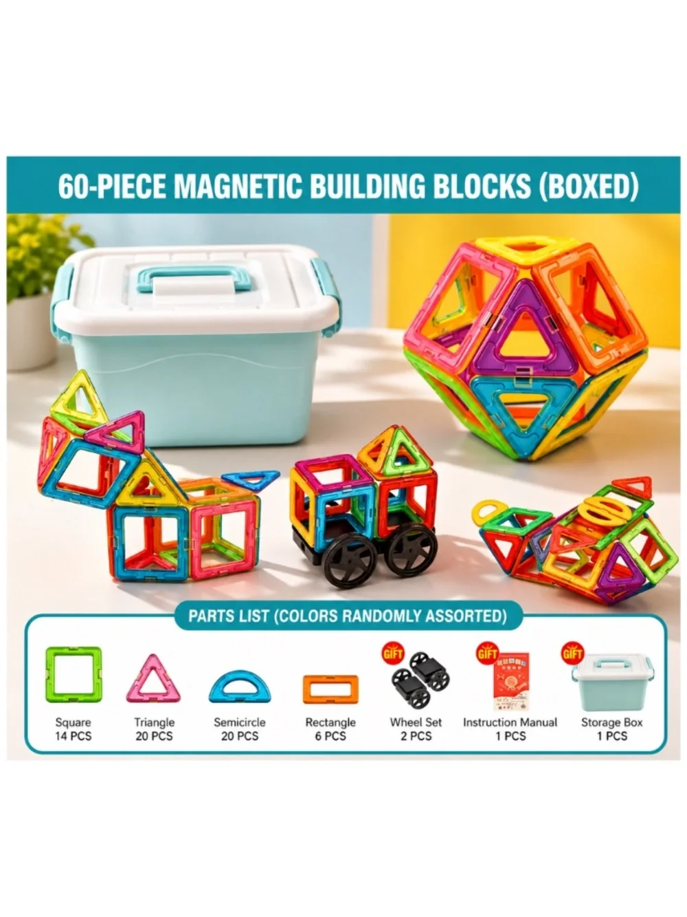 60 Piece Magnetic Building Tiles Set with Storage Box – Ages 3+